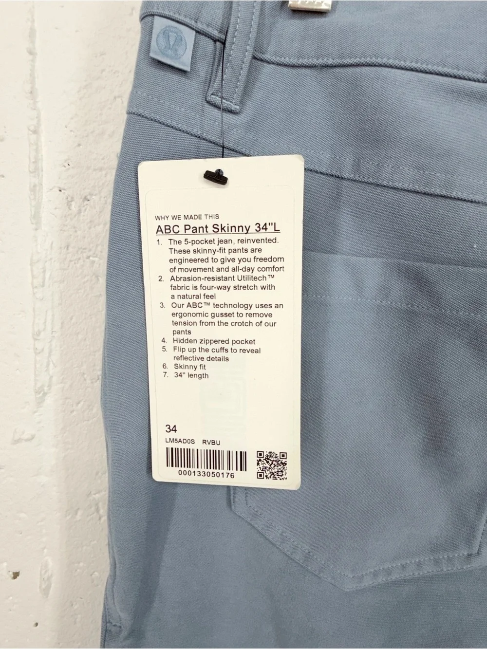Lululemon Men’s size 34 Steel Blue ABC Skinny Pants New